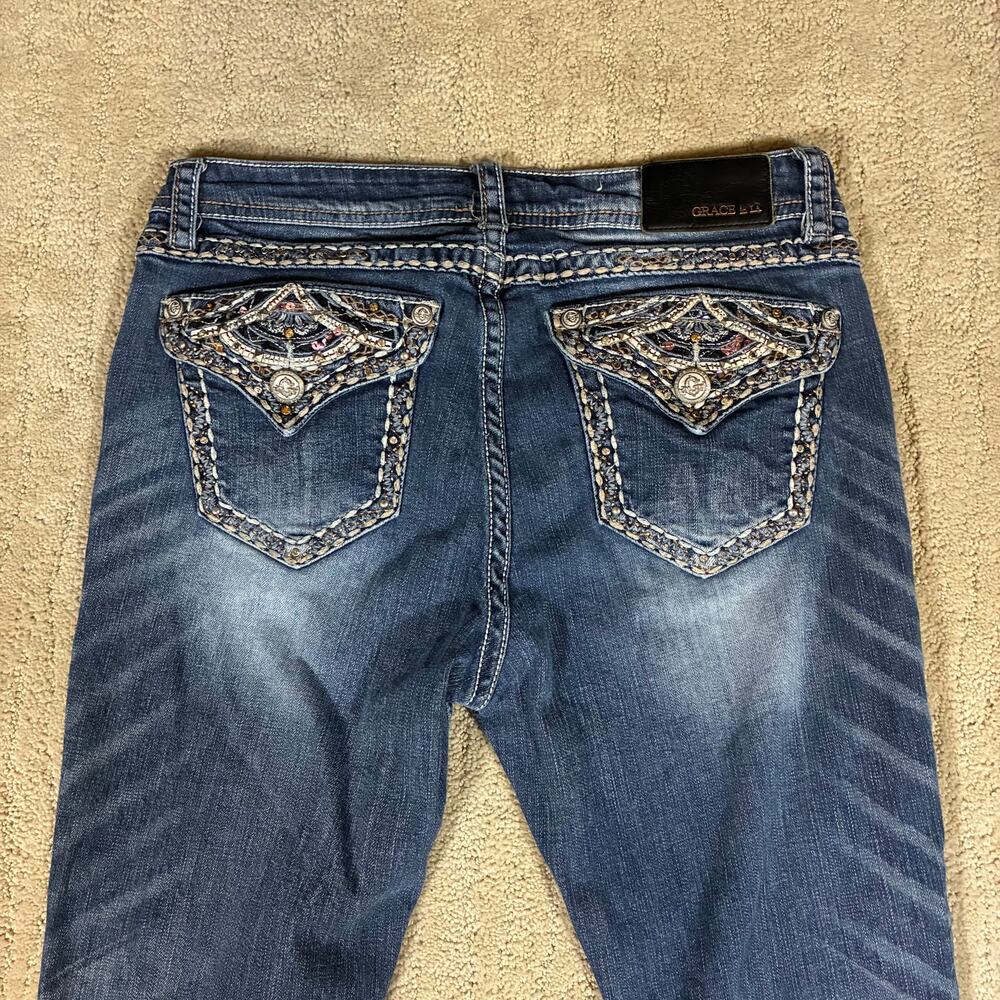 Y2K Grace Easy Fit Western Boot Cut Jeans Women 30 Bling Button Pockets Faded - Picture 6 of 7